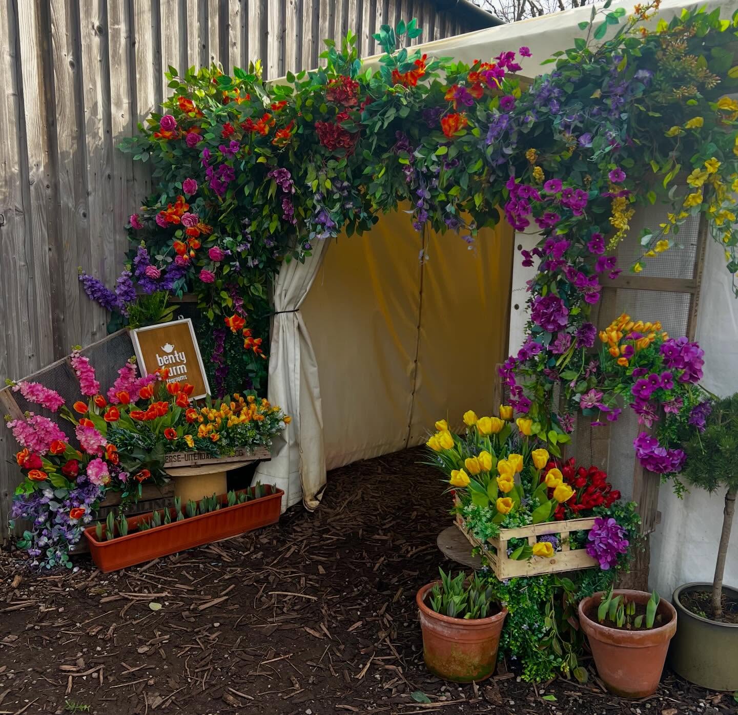 Colourful spring flowers framing an outdoor event entrance